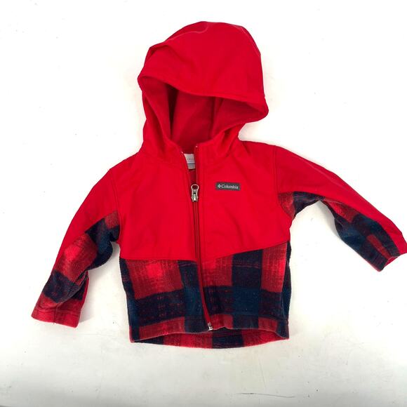 Columbia Plaid Hooded Fleece Jacket Full Zip Red Unisex Size 12-18 months - Picture 1 of 9